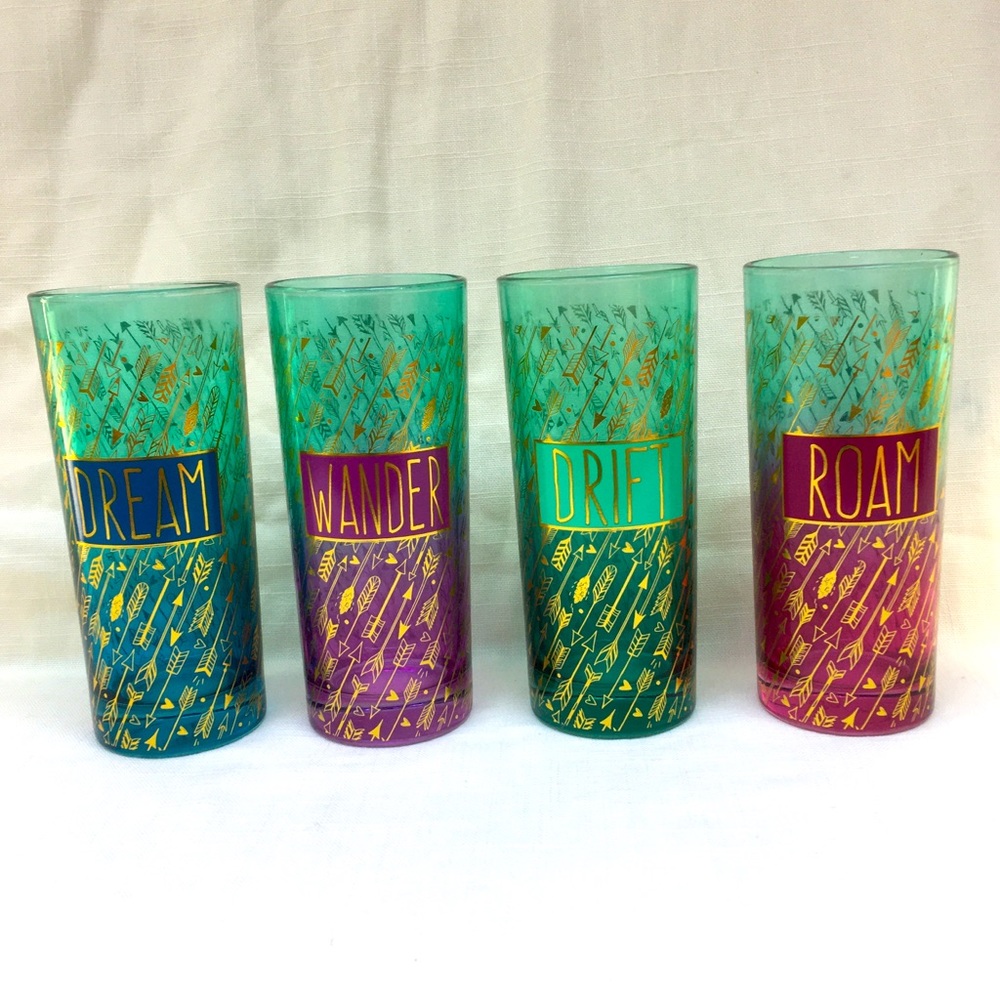 4 Drinking Glasses Tumblers Dream Wander Roam Drift Colorful Gold Arrows